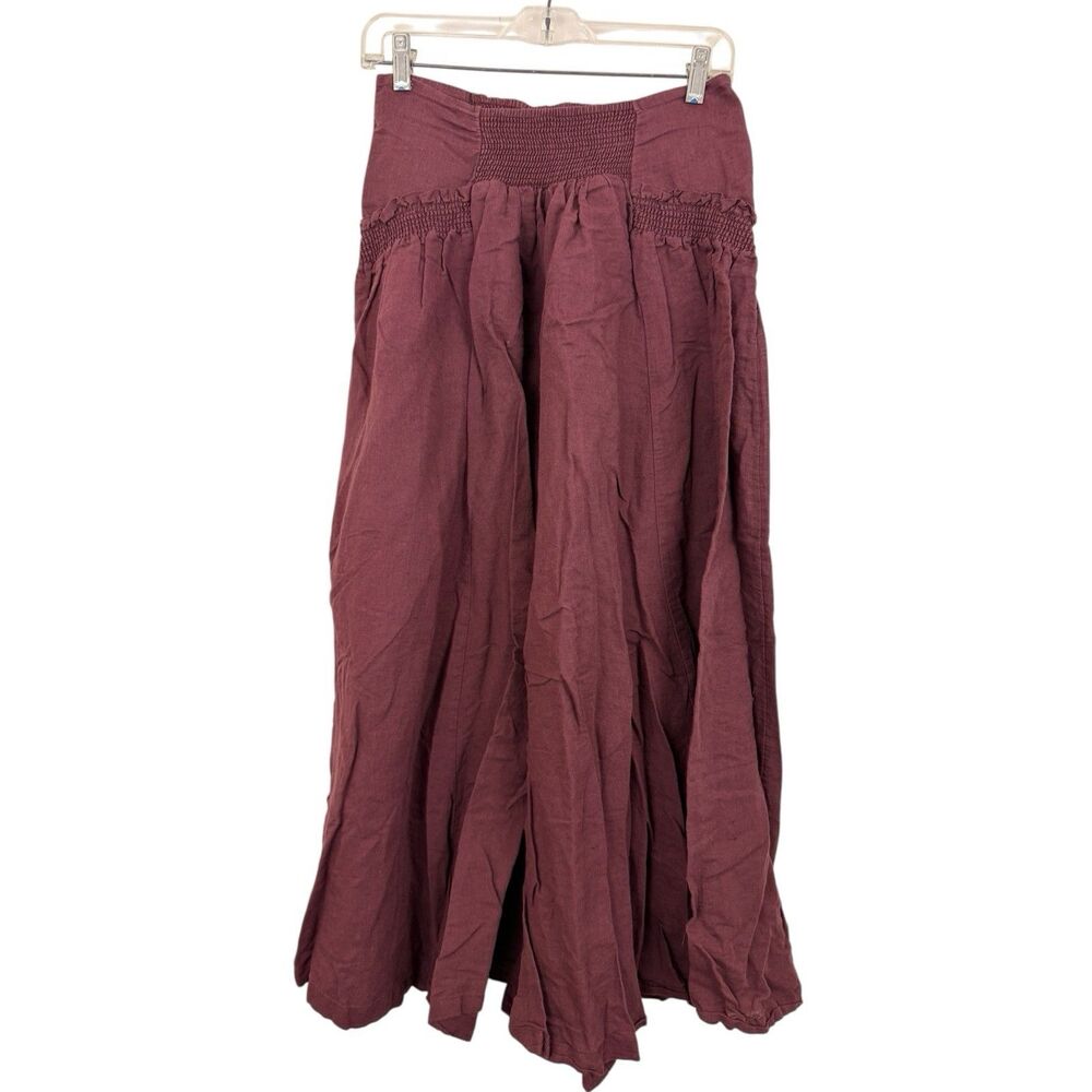 Free People Palazzo Pants Sz S Wide Leg Linen Blend Elastic Smocked Waist Brown